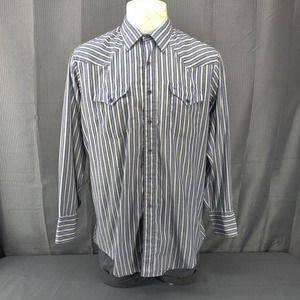 Vintage H Bar C Shirt Men 17 Button Long Sleeve Blue Striped Western Cowboy
